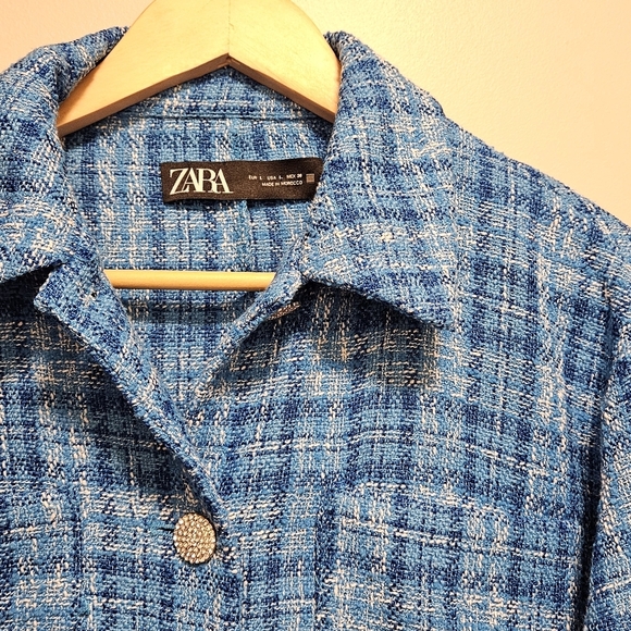 Zara Women's Plaid Tweed Cropped Long Sleeve Button Down Blazer Top Blue Size L. - Picture 12 of 16